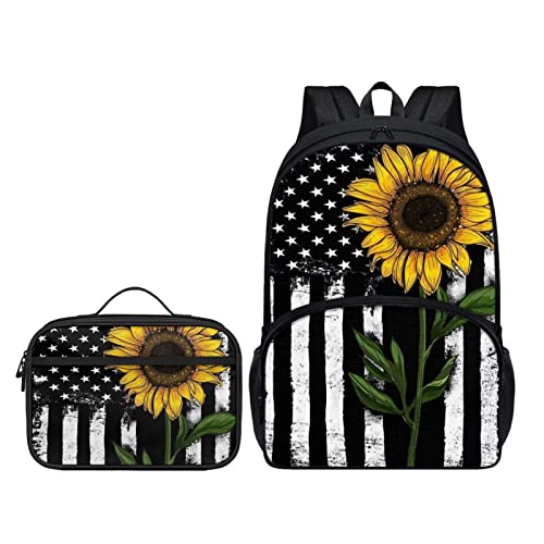 Howilath Planet Star Sky Schwarz 2 Stück / Set Doppel-Schultertasche + Mahlzeitenhalter für Kinder Jungen Mädchen Schulanfang Geschenke, Amerikanische Flagge Sonnenblume, Lässiger Tagesrucksack von Howilath