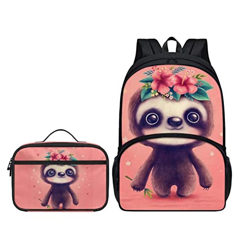 Howilath Planet Star Sky Schwarz 2 Stück / Set Doppel-Schultertasche + Mahlzeitenhalter für Kinder Jungen Mädchen Schulanfang Geschenke, Faultier-Blume, Lässiger Tagesrucksack von Howilath