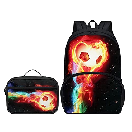 Howilath Planet Star Sky Schwarz 2 Stück / Set Doppel-Schultertasche + Mahlzeitenhalter für Kinder Jungen Mädchen Schulanfang Geschenke, Flammender Fußball, Lässiger Tagesrucksack von Howilath