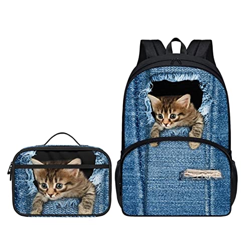 Howilath Planet Star Sky Schwarz 2 Stück / Set Doppel-Schultertasche + Mahlzeitenhalter für Kinder Jungen Mädchen Schulanfang Geschenke, Katze, niedlich, Lässiger Tagesrucksack von Howilath