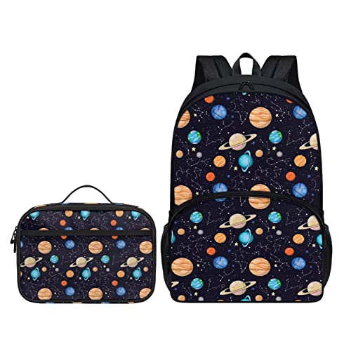 Howilath Planet Star Sky Schwarz 2 Stück / Set Doppel-Schultertasche + Mahlzeitenhalter für Kinder Jungen Mädchen Schulanfang Geschenke, Planet Star Sky, Lässiger Tagesrucksack von Howilath