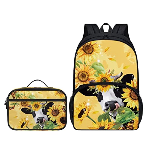 Howilath Planet Star Sky Schwarz 2 Stück / Set Doppel-Schultertasche + Mahlzeitenhalter für Kinder Jungen Mädchen Schulanfang Geschenke, Sonnenblumenmilch Kuh Schmetterling, Lässiger Tagesrucksack von Howilath