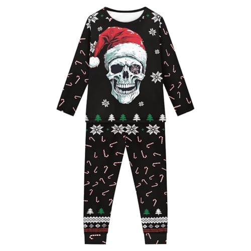 Howilath Pugs Theme 2 Stück Jugend-Pyjama-Anzug Niedliche Hunde Langarm Nachtwäsche Entzückende Welpen Nachtwäsche für Jungen Mädchen, Weihnachtsmütze mit Schneeflocke, Zuckerstange, Totenkopf, 15-16 von Howilath