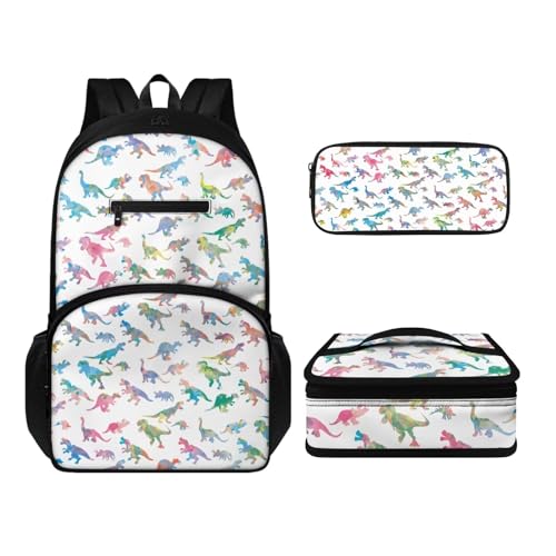 Howilath Rucksack-Set für Damen, Herren, Kinder, lässig, Leinen, Reisen, Tagesrucksack, Thermo, tragbar, Mahlzeitenbehälter, Tragetasche, Stifteetui, 3-in-1, Bunte Dinosaurier, Tagesrucksäcke von Howilath