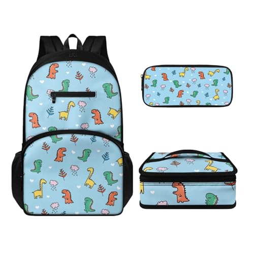 Howilath Rucksack-Set für Damen, Herren, Kinder, lässig, Leinen, Reisen, Tagesrucksack, Thermo, tragbar, Mahlzeitenbehälter, Tragetasche, Stifteetui, 3-in-1, Cartoon Dinosaurier, Tagesrucksäcke von Howilath