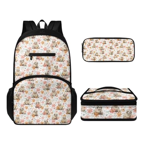 Howilath Rucksack-Set für Damen, Herren, Kinder, lässig, Leinen, Reisen, Tagesrucksack, Thermo, tragbar, Mahlzeitenbehälter, Tragetasche, Stifteetui, 3-in-1, Faultier, Tagesrucksäcke von Howilath