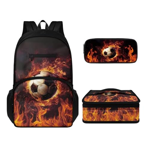 Howilath Rucksack-Set für Damen, Herren, Kinder, lässig, Leinen, Reisen, Tagesrucksack, Thermo, tragbar, Mahlzeitenbehälter, Tragetasche, Stifteetui, 3-in-1, Feuerfußball, Tagesrucksäcke von Howilath