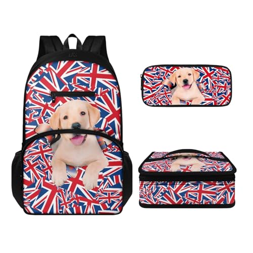 Howilath Rucksack-Set für Damen, Herren, Kinder, lässig, Leinen, Reisen, Tagesrucksack, Thermo, tragbar, Mahlzeitenbehälter, Tragetasche, Stifteetui, 3-in-1, Hund mit britischer Flagge, Tagesrucksäcke von Howilath