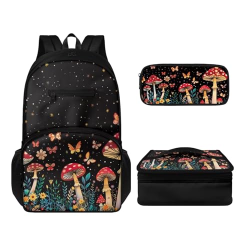 Howilath Rucksack-Set für Damen, Herren, Kinder, lässig, Leinen, Reisen, Tagesrucksack, Thermo, tragbar, Mahlzeitenbehälter, Tragetasche, Stifteetui, 3-in-1, Pilz-Schmetterling, Tagesrucksäcke von Howilath