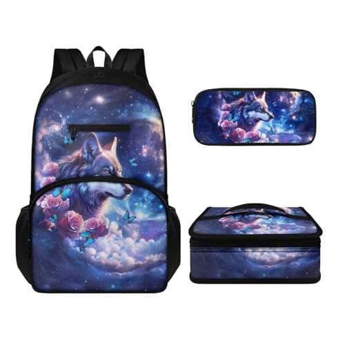 Howilath Rucksack-Set für Damen, Herren, Kinder, lässig, Leinen, Reisen, Tagesrucksack, Thermo, tragbar, Mahlzeitenbehälter, Tragetasche, Stifteetui, 3-in-1, Wolf Floral Galaxy, Tagesrucksäcke von Howilath