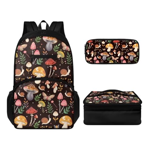 Howilath Rucksack-Set für Kinder, Jungen, Mädchen, Alter 6–14 Jahre, Thermo-Lunch-Tasche, Federmäppchen, 43,2 cm, leichter Tagesrucksack, 3 Stück, Bunte Pilze, Tagesrucksäcke von Howilath