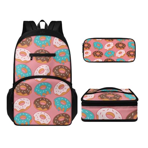 Howilath Rucksack-Set für Kinder, Jungen, Mädchen, Alter 6–14 Jahre, Thermo-Lunch-Tasche, Federmäppchen, 43,2 cm, leichter Tagesrucksack, 3 Stück, Donut-Aufdruck, Tagesrucksäcke von Howilath