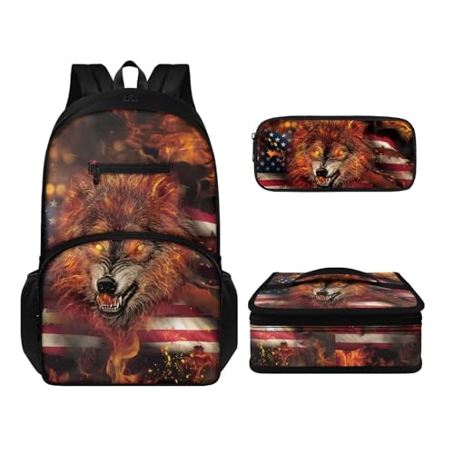 Howilath Rucksack-Set für Kinder, Jungen, Mädchen, Alter 6–14 Jahre, Thermo-Lunch-Tasche, Federmäppchen, 43,2 cm, leichter Tagesrucksack, 3 Stück, Fire Wolf USA-Flagge, Tagesrucksäcke von Howilath