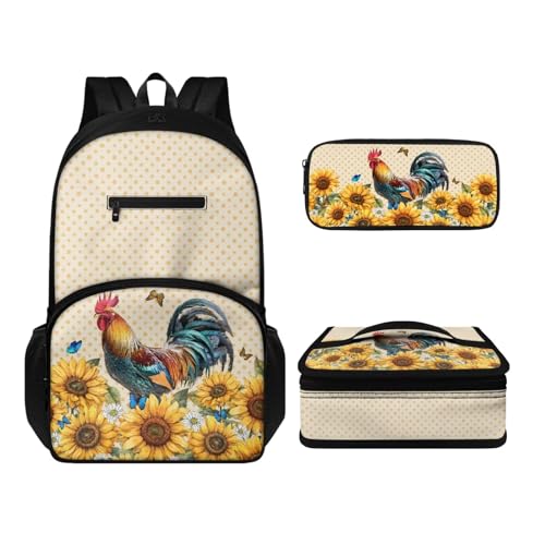 Howilath Rucksack-Set für Kinder, Jungen, Mädchen, Alter 6–14 Jahre, Thermo-Lunch-Tasche, Federmäppchen, 43,2 cm, leichter Tagesrucksack, 3 Stück, Hühner-Sonnenblume, Tagesrucksäcke von Howilath