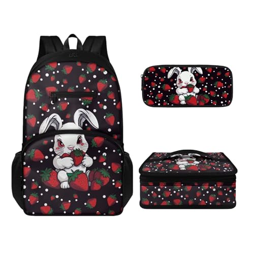 Howilath Rucksack-Set für Kinder, Mädchen, Jungen, großes Fassungsvermögen, Laptop-Rucksack mit isolierter Lunchtasche, Stifteetui für Reisen, Picknick, Bunny Strawberry, Tagesrucksäcke von Howilath