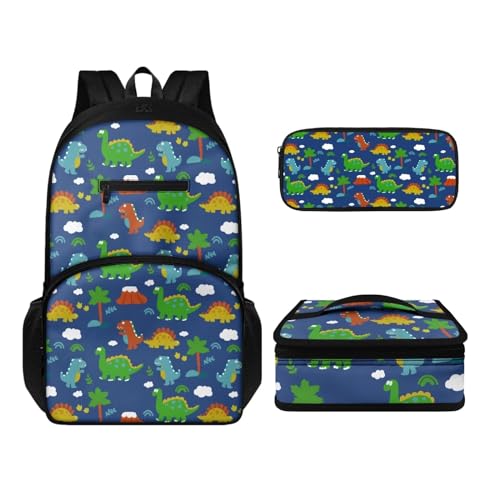 Howilath Rucksack-Set für Kinder, Mädchen, Jungen, großes Fassungsvermögen, Laptop-Rucksack mit isolierter Lunchtasche, Stifteetui für Reisen, Picknick, Cartoon Dinosaurier, Tagesrucksäcke von Howilath