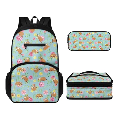 Howilath Rucksack-Set für Kinder, Mädchen, Jungen, großes Fassungsvermögen, Laptop-Rucksack mit isolierter Lunchtasche, Stifteetui für Reisen, Picknick, Faultier, Tagesrucksäcke von Howilath