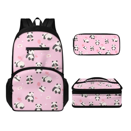 Howilath Rucksack-Set für Kinder, Mädchen, Jungen, großes Fassungsvermögen, Laptop-Rucksack mit isolierter Lunchtasche, Stifteetui für Reisen, Picknick, Rosa Panda, Tagesrucksäcke von Howilath