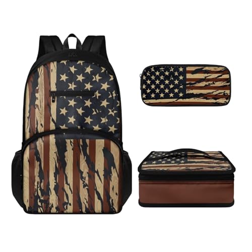 Howilath Rucksack-Set für Kinder, Mädchen, Jungen, großes Fassungsvermögen, Laptop-Rucksack mit isolierter Lunchtasche, Stifteetui für Reisen, Picknick, usa-flagge, Tagesrucksäcke von Howilath