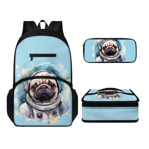 Howilath Rucksack und Lunchtaschen-Set für Kinder, Jungen, Mädchen, 43,2 cm (17 Zoll), wasserdicht, Laptop-Rucksack, Thermo-Mahlzeittasche, Stifteetui, 3-teilig, Astronautenhund, Tagesrucksäcke von Howilath