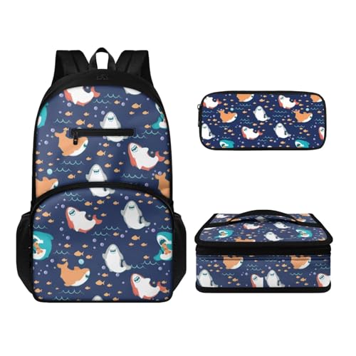 Howilath Rucksack und Lunchtaschen-Set für Kinder, Jungen, Mädchen, 43,2 cm (17 Zoll), wasserdicht, Laptop-Rucksack, Thermo-Mahlzeittasche, Stifteetui, 3-teilig, Cartoon-Hai, Tagesrucksäcke von Howilath