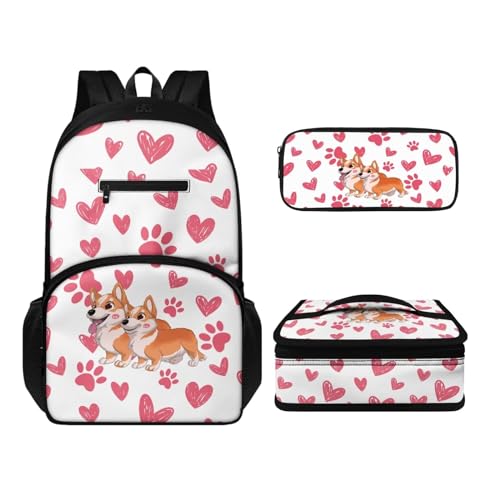 Howilath Rucksack und Lunchtaschen-Set für Kinder, Jungen, Mädchen, 43,2 cm (17 Zoll), wasserdicht, Laptop-Rucksack, Thermo-Mahlzeittasche, Stifteetui, 3-teilig, Corgi, Tagesrucksäcke von Howilath