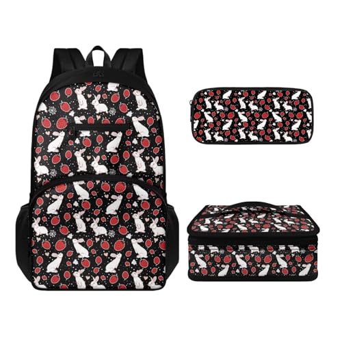 Howilath Rucksack und Lunchtaschen-Set für Kinder, Jungen, Mädchen, 43,2 cm (17 Zoll), wasserdicht, Laptop-Rucksack, Thermo-Mahlzeittasche, Stifteetui, 3-teilig, Erdbeerhase, Tagesrucksäcke von Howilath