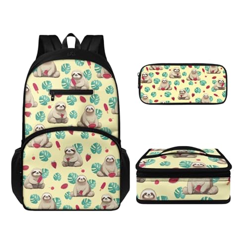 Howilath Rucksack und Lunchtaschen-Set für Kinder, Jungen, Mädchen, 43,2 cm (17 Zoll), wasserdicht, Laptop-Rucksack, Thermo-Mahlzeittasche, Stifteetui, 3-teilig, Faultier, Tagesrucksäcke von Howilath