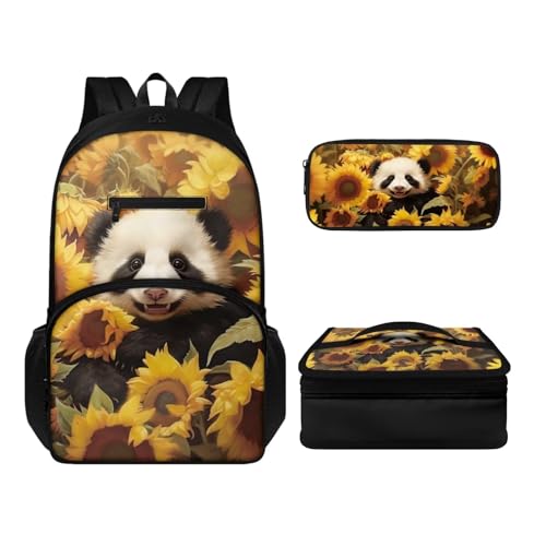 Howilath Rucksack und Lunchtaschen-Set für Kinder, Jungen, Mädchen, 43,2 cm (17 Zoll), wasserdicht, Laptop-Rucksack, Thermo-Mahlzeittasche, Stifteetui, 3-teilig, Panda-Sonnenblume, Tagesrucksäcke von Howilath