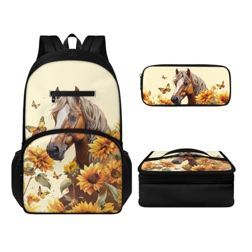 Howilath Rucksack und Lunchtaschen-Set für Kinder, Jungen, Mädchen, 43,2 cm (17 Zoll), wasserdicht, Laptop-Rucksack, Thermo-Mahlzeittasche, Stifteetui, 3-teilig, Sonnenblume, Tagesrucksäcke von Howilath