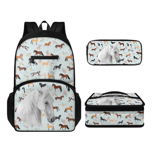 Howilath Rucksack und Lunchtaschen-Set für Kinder, Jungen, Mädchen, 43,2 cm (17 Zoll), wasserdicht, Laptop-Rucksack, Thermo-Mahlzeittasche, Stifteetui, 3-teilig, pferd, Tagesrucksäcke von Howilath