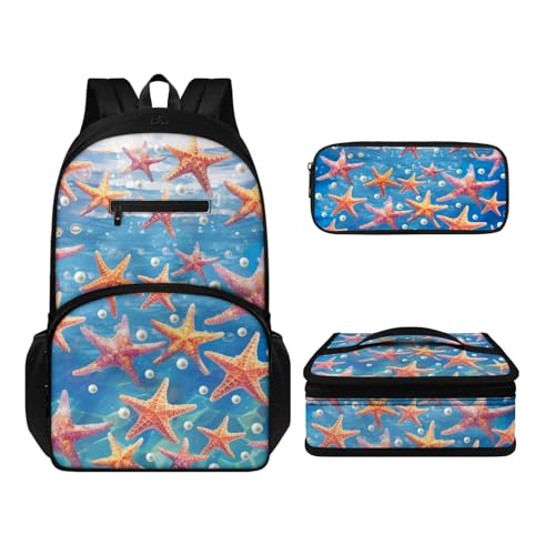 Howilath Rucksack und Lunchtaschen-Set für Kinder, Jungen, Mädchen, 43,2 cm (17 Zoll), wasserdicht, Laptop-Rucksack, Thermo-Mahlzeittasche, Stifteetui, 3-teilig, starfish, Tagesrucksäcke von Howilath