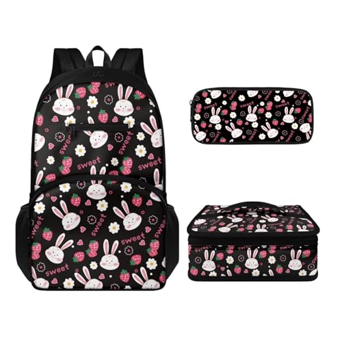 Howilath Rucksack und Lunchtaschen-Set für Kinder, Jungen, Mädchen, multifunktional, isoliert, wiederverwendbar, Mahlzeiten-Tasche, Stifteetui, Bunny Strawberry, Tagesrucksäcke von Howilath