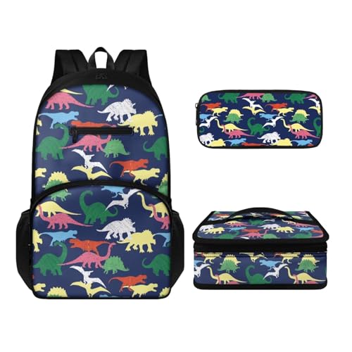 Howilath Rucksack und Lunchtaschen-Set für Kinder, Jungen, Mädchen, multifunktional, isoliert, wiederverwendbar, Mahlzeiten-Tasche, Stifteetui, Bunte Dinosaurier, Tagesrucksäcke von Howilath