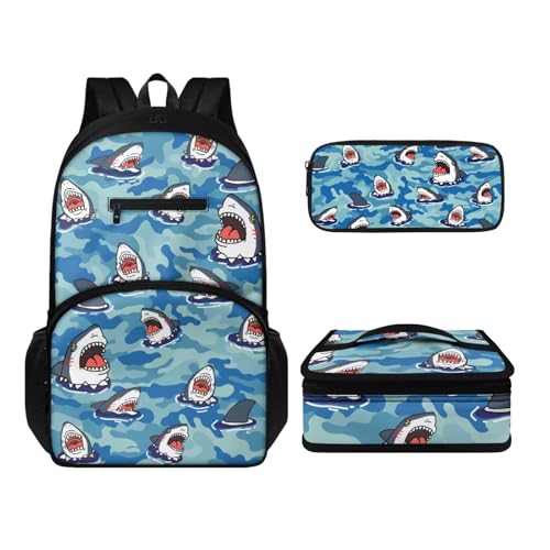 Howilath Rucksack und Lunchtaschen-Set für Kinder, Jungen, Mädchen, multifunktional, isoliert, wiederverwendbar, Mahlzeiten-Tasche, Stifteetui, Cartoon-Hai, Tagesrucksäcke von Howilath