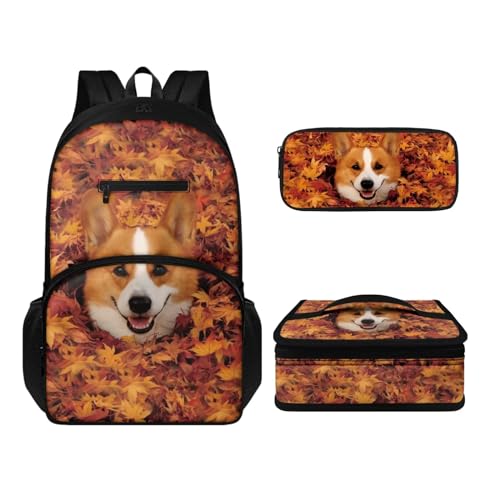 Howilath Rucksack und Lunchtaschen-Set für Kinder, Jungen, Mädchen, multifunktional, isoliert, wiederverwendbar, Mahlzeiten-Tasche, Stifteetui, Corgi, Tagesrucksäcke von Howilath