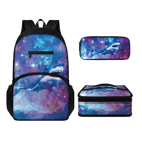 Howilath Rucksack und Lunchtaschen-Set für Kinder, Jungen, Mädchen, multifunktional, isoliert, wiederverwendbar, Mahlzeiten-Tasche, Stifteetui, Galaxy Shark, Tagesrucksäcke von Howilath