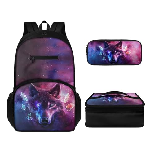 Howilath Rucksack und Lunchtaschen-Set für Kinder, Jungen, Mädchen, multifunktional, isoliert, wiederverwendbar, Mahlzeiten-Tasche, Stifteetui, Galaxy Wolf, Tagesrucksäcke von Howilath