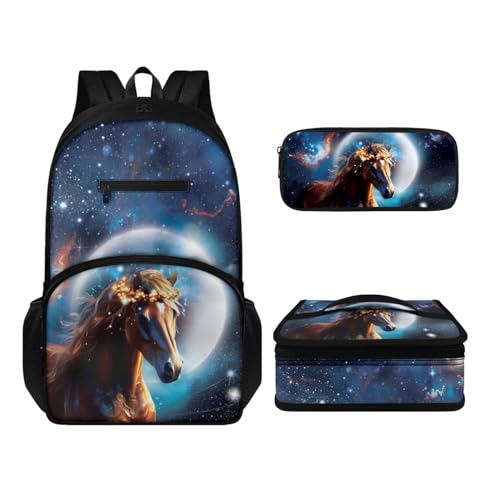 Howilath Rucksack und Lunchtaschen-Set für Kinder, Jungen, Mädchen, multifunktional, isoliert, wiederverwendbar, Mahlzeiten-Tasche, Stifteetui, Horse Moon, Tagesrucksäcke von Howilath