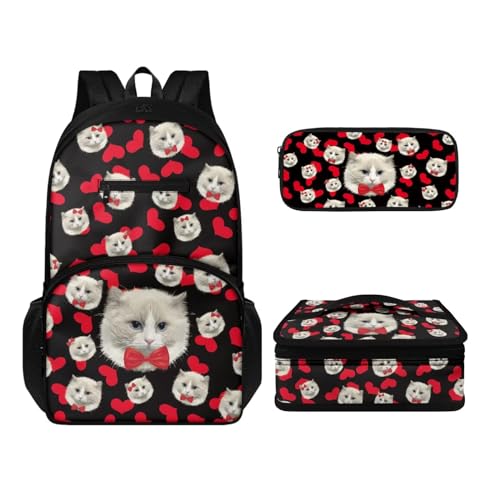 Howilath Rucksack und Lunchtaschen-Set für Kinder, Jungen, Mädchen, multifunktional, isoliert, wiederverwendbar, Mahlzeiten-Tasche, Stifteetui, Katze, niedlich, Tagesrucksäcke von Howilath