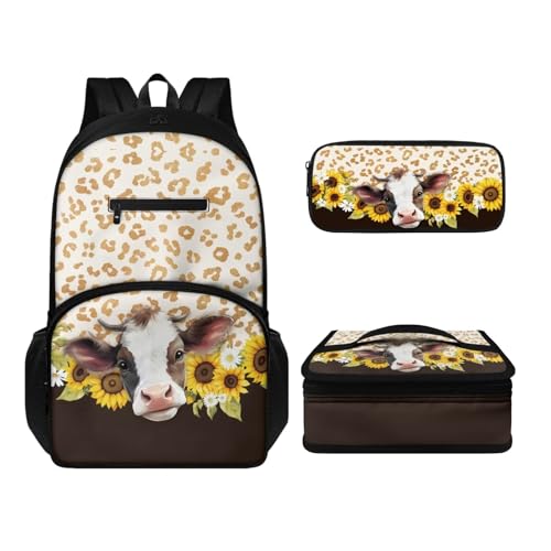 Howilath Rucksack und Lunchtaschen-Set für Kinder, Jungen, Mädchen, multifunktional, isoliert, wiederverwendbar, Mahlzeiten-Tasche, Stifteetui, Kuh Sonnenblume, Tagesrucksäcke von Howilath