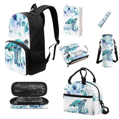 Howilath Schul-Büchertaschen-Set für Kinder, mit Lunchtasche, Federmäppchen, Buchhülle, Schulrucksack für Jungen und Mädchen, Batik-Schildkröte von Howilath