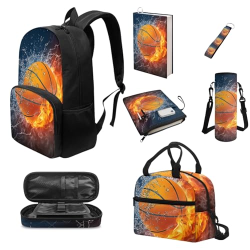 Howilath Schul-Büchertaschen-Set für Kinder, mit Lunchtasche, Federmäppchen, Buchhülle, Schulrucksack für Jungen und Mädchen, Feuer-Basketball von Howilath