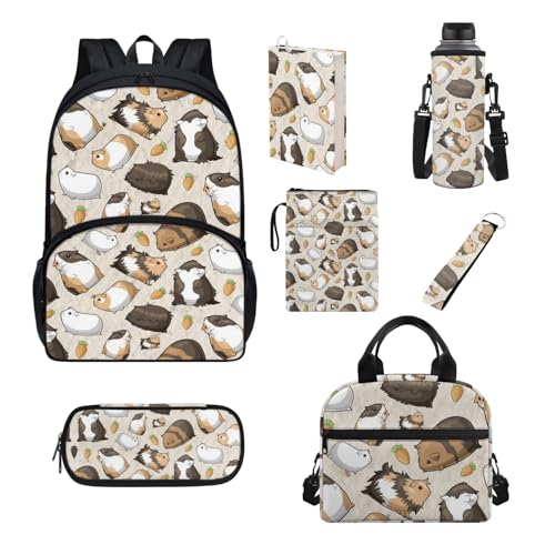 Howilath Schul-Büchertaschen-Set für Kinder, mit Lunchtasche, Federmäppchen, Buchhülle, Schulrucksack für Jungen und Mädchen, Meerschweinchen von Howilath