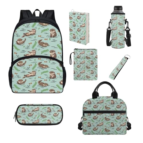 Howilath Schul-Büchertaschen-Set für Kinder, mit Lunchtasche, Federmäppchen, Buchhülle, Schulrucksack für Jungen und Mädchen, Niedlicher Otter von Howilath