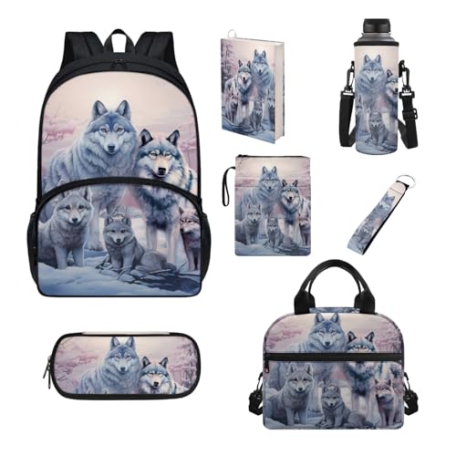 Howilath Schul-Büchertaschen-Set für Kinder, mit Lunchtasche, Federmäppchen, Buchhülle, Schulrucksack für Jungen und Mädchen, Wolf-Stil von Howilath