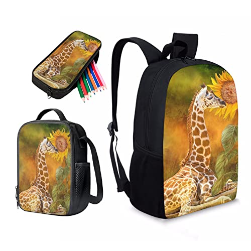 Howilath Schulrucksack + Kühltasche + Federmäppchen für Kinder Große Kapazität Büchertasche Wolf Tiger Avocado Sonnenblume, Giraffen-Sonnenblume von Howilath