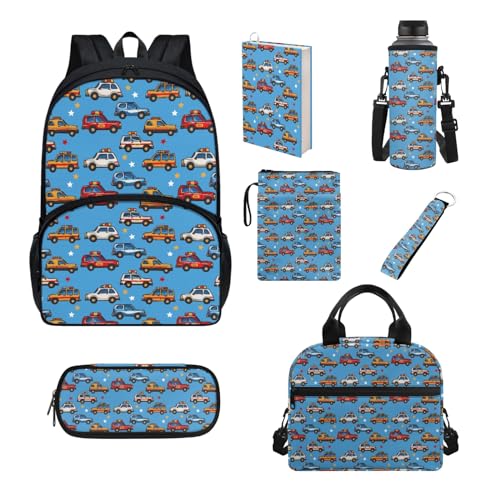 Howilath Schultaschen-Set für Jungen und Mädchen, großer Rucksack, Lunch-Tasche, Federmäppchen, Schulbedarf, Autos von Howilath