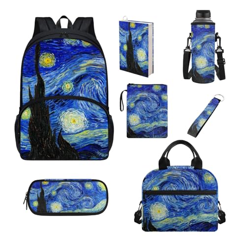 Howilath Schultaschen-Set für Jungen und Mädchen, großer Rucksack, Lunch-Tasche, Federmäppchen, Schulbedarf, Blaue Sternennacht von Howilath