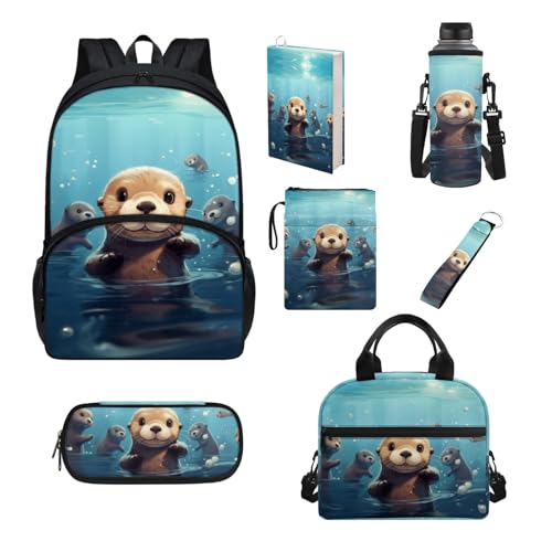 Howilath Schultaschen-Set für Jungen und Mädchen, großer Rucksack, Lunch-Tasche, Federmäppchen, Schulbedarf, Cartoon-Otter von Howilath